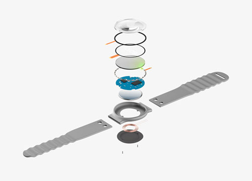 A ring of LEDs sits around a refracting glass disk which creates the background gradients.